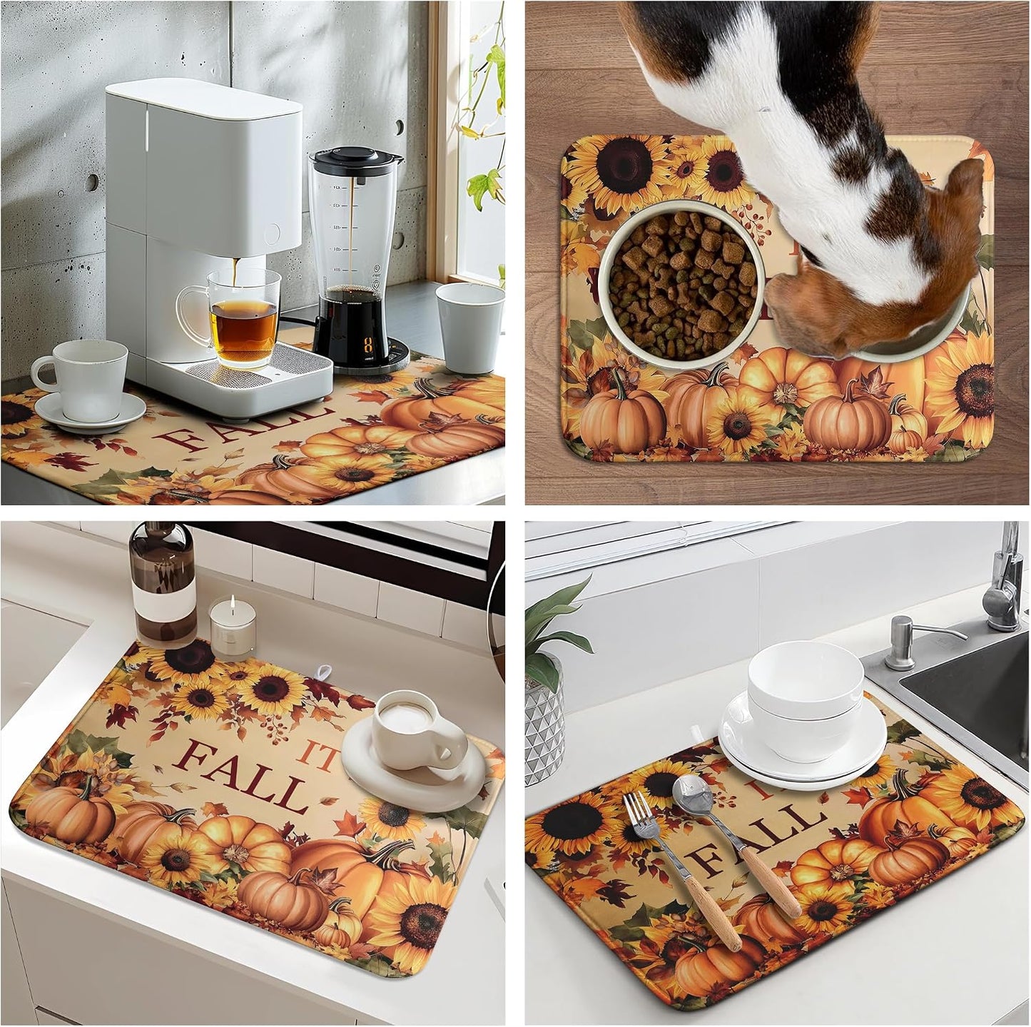 Fall Orange Pumpkins Dish Drying Mat Maple Leaves Autumn Large Kitchen Mats Dish Drying Pad Absorbent Dish Dryer Mat for Kitchen Countertops Microfiber Drainer Pad Dish Drying Mats (18x24 in)