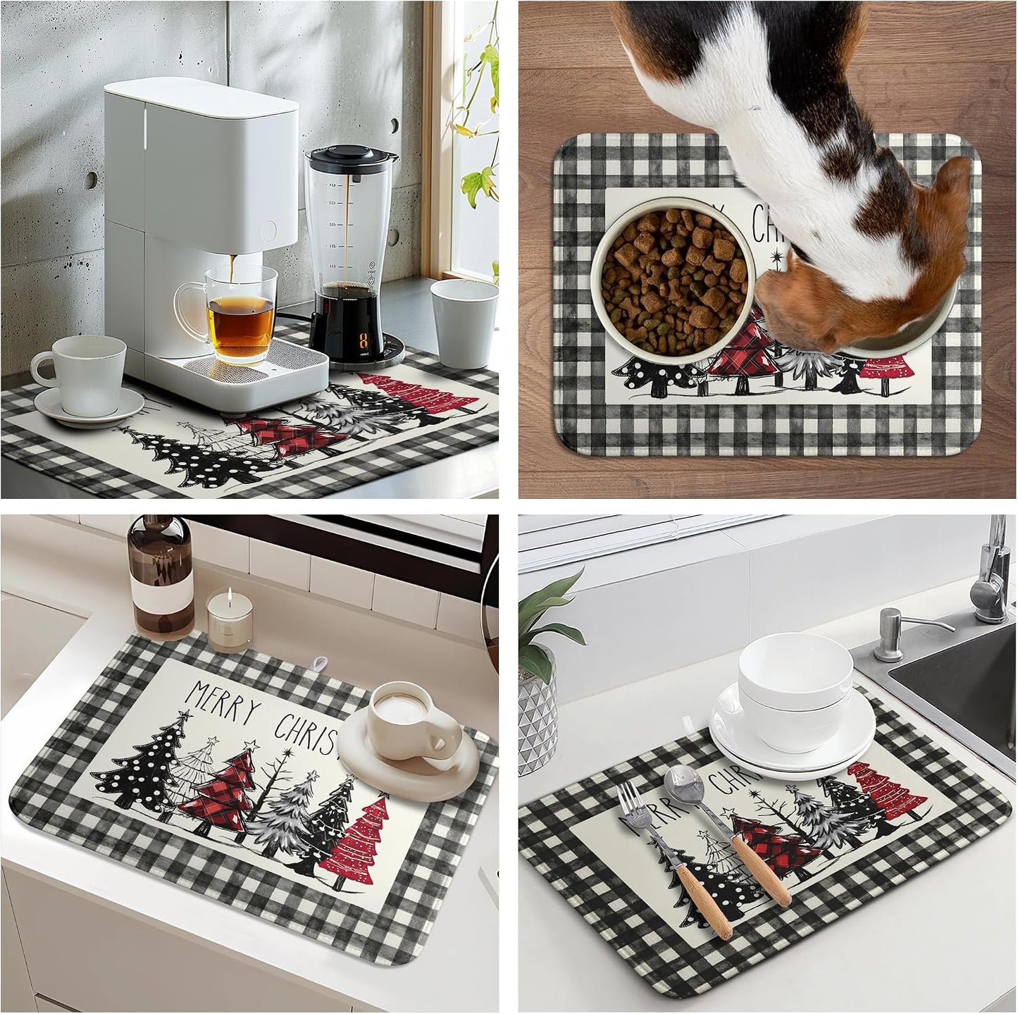 Merry Christmas Dish Drying Mat Buffalo Plaid Large Kitchen Mats Dish Drying Pad Xmas Christmas Tree Absorbent Dish Dryer Mat for Kitchen Countertops Microfiber Drainer Pad Dish Drying Mats (18x24 in)