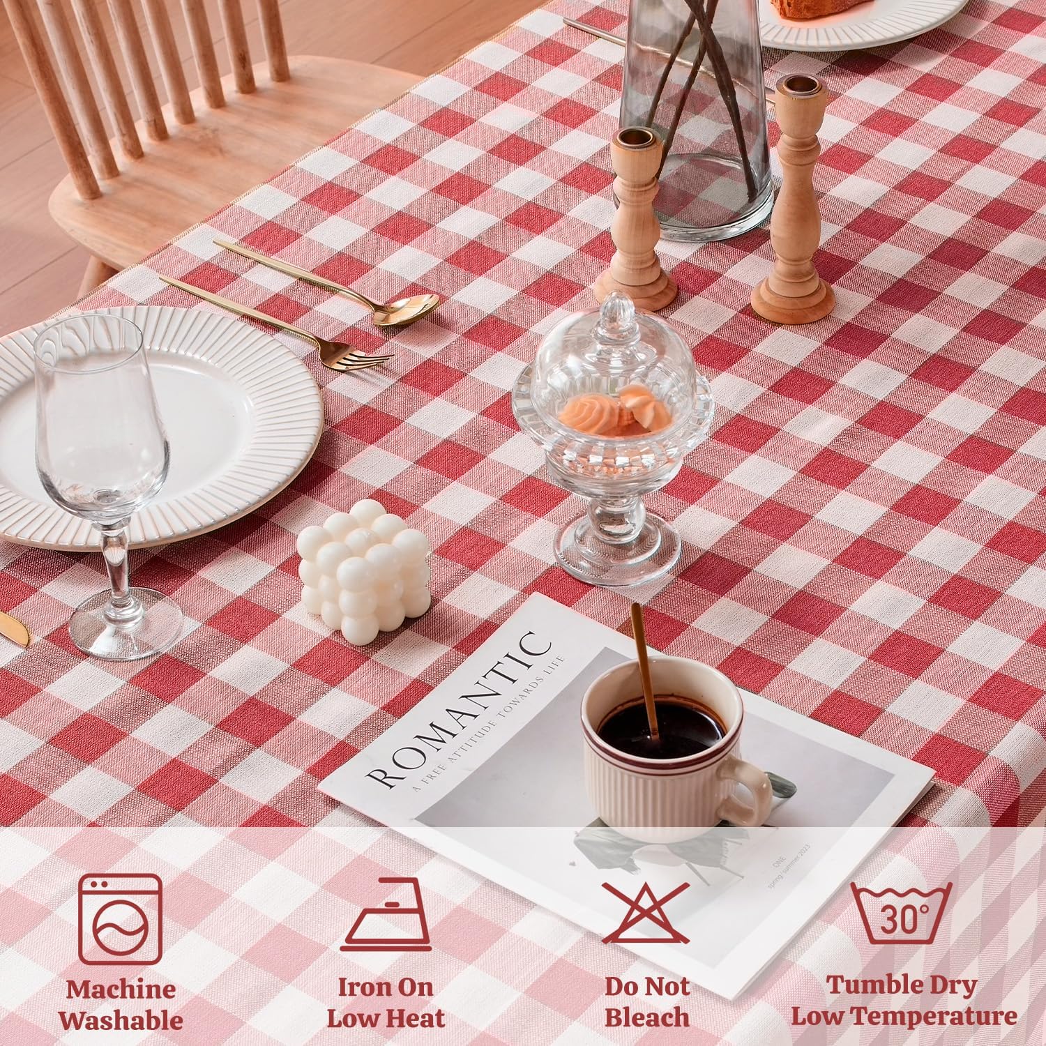 JIALE Gingham Tablecloth Square Cotton Linen Fabric Checkered Table Cloth with Tassel Washable Wrinkle Free Buffalo Plai