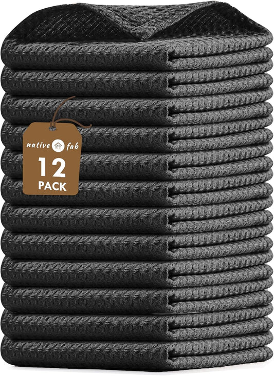 Native Fab 12 Pack Cotton Dish Cloths - Absorbent, Quick Drying, Washable, Durable Towels for Cleaning, Cooking &amp; Baking - Perfect for Everyday Use, Home, Bars, Restaurants - 12x12 Inches - Black