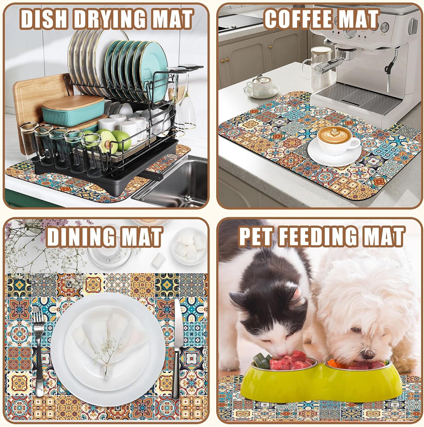 Dish Drying Mat Multicolor Portuguese Tiles Coffee Bar Mat for Countertop Absorbent Rubber Backed Hide Stain Dish Drainer Rack Pad Coffee Maker Espresso Machine Dining Room Decor 15.7 x 23.6 Inch