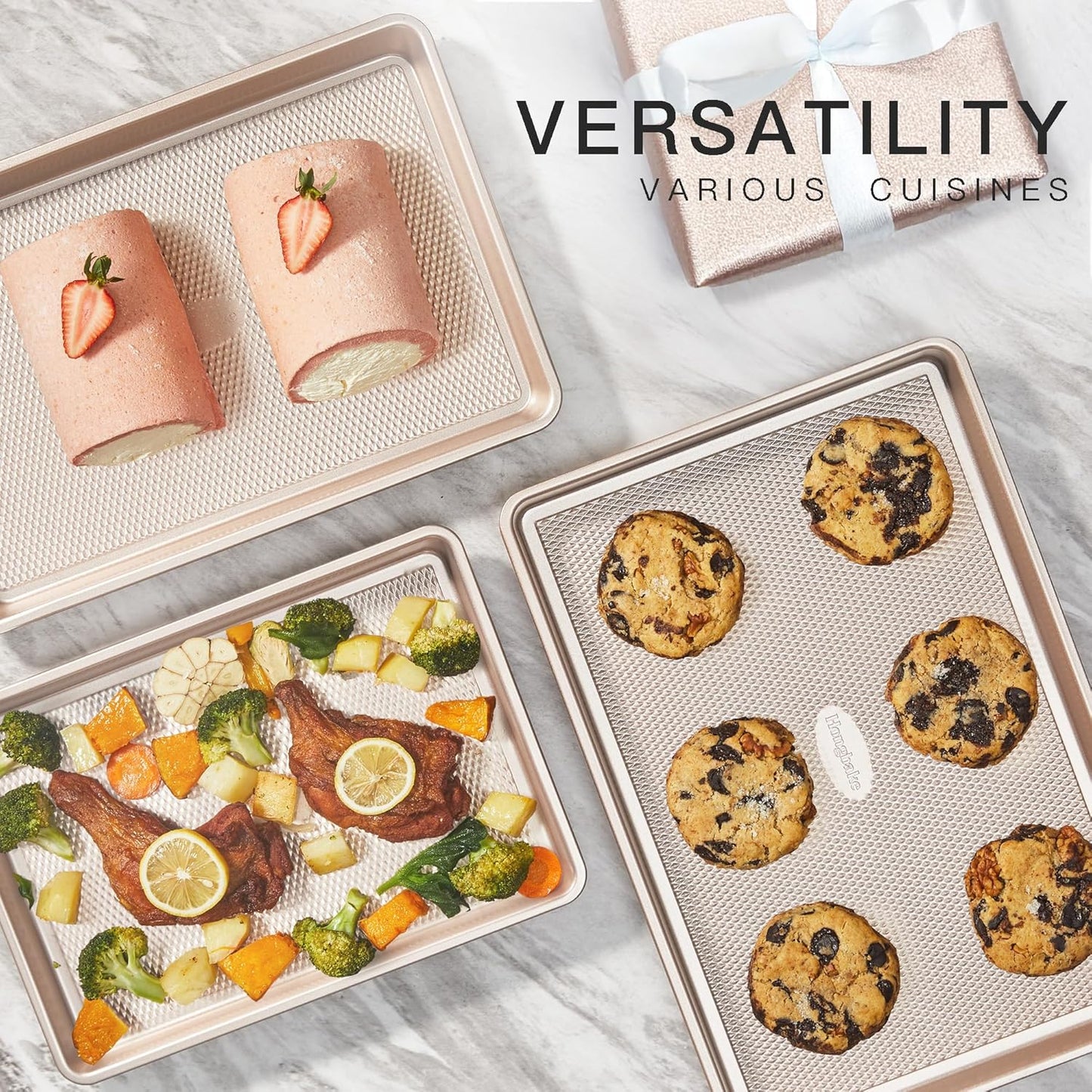 Baking Sheet Pan Set of 3, Cookie Sheets for Oven, Nonstick Half/Quarter/Jelly Roll Pans with Diamond Texture Pattern, 0.8mm Thick Heavy Duty Cookie Tray, Champagne Gold