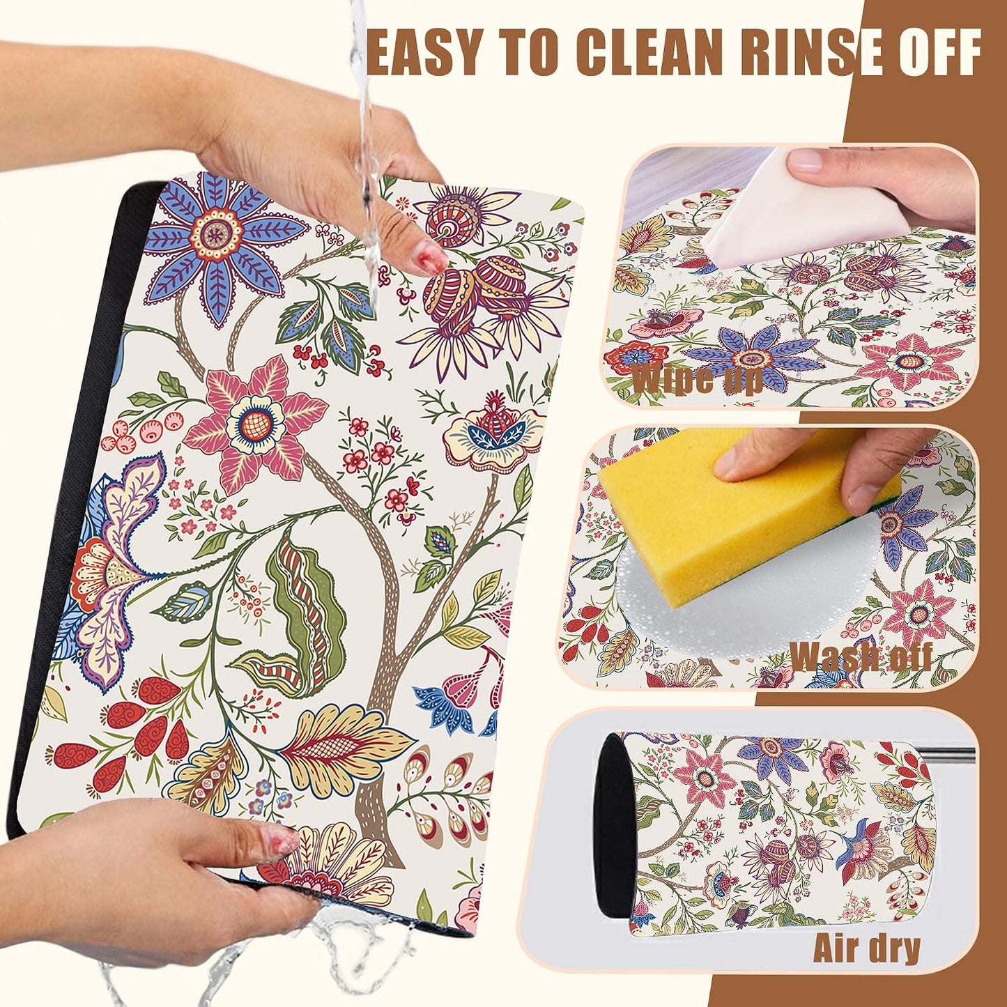 Colorful Flowers Dish Drying Mat for Kitchen Counter Bar Mat Hide Stain Absorbent Rubber Backed Coffee Maker Espresso Machine Bar Accessories 11.8 x 19.7 Inch