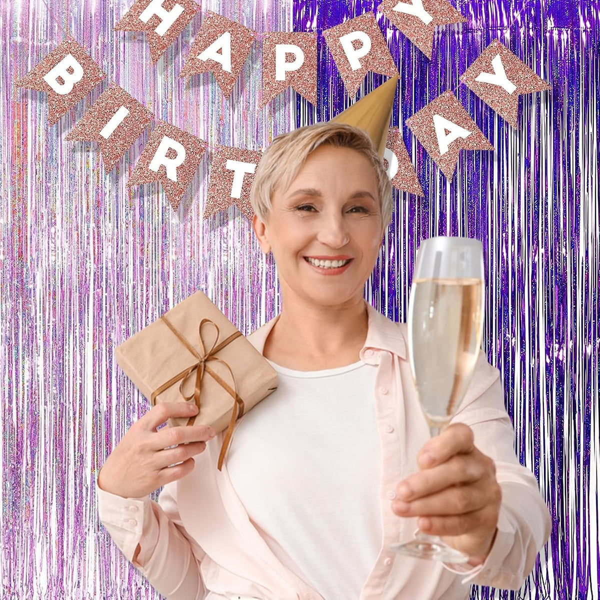 BRAVESHINE Party Streamers Backdrop | Tinsel Foil Fringe Curtains | 1 Purple 1 Pink | 3.2x8.2ft | for Valentines/Hunters/Girls/Women/Birthday/Engagement/Bridal Shower/Bachelorette Decorations