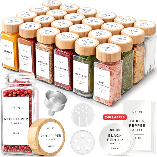 Square Spice Jars with Bamboo Wooden Lid (Pack of 24) Spice Jars with Shaker Insert and 240 Labels - Bamboo Lid Glass
