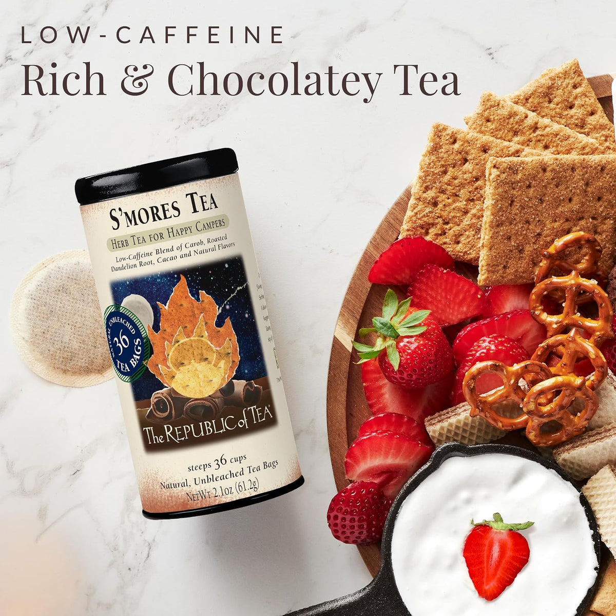 The Republic of Tea S'mores Herbal Tea, Caffeine Free, 36 Count | Suitable for day or evening . Smooth and rounded with notes of cocoa richness and roasted root. Gluten Free and Kosher.