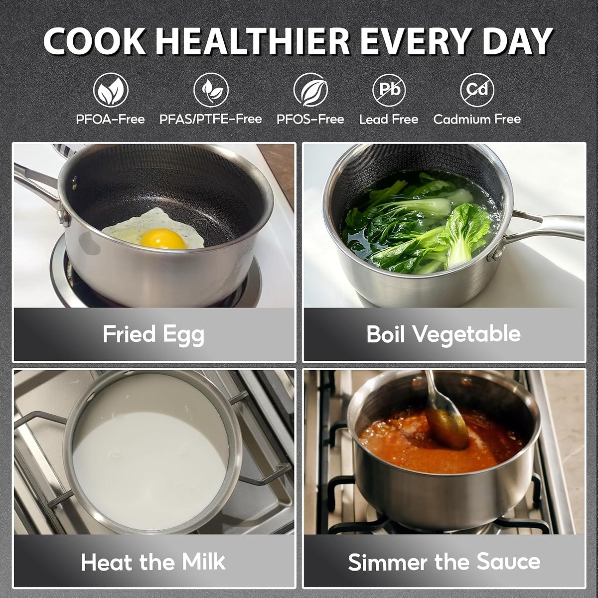 COOKER KING 1.5 Quart Stainless Steel Saucepan, Nonstick Sauce Pan, Ceramic Suce Pot with Tempered Glass Lid, Induction Pot Compatible with All Cooktops, Dishwasher & Oven Safe(PFAS/PFOA/PTFE Free)