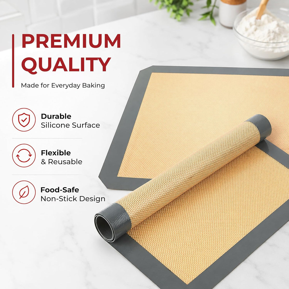Silicone Baking Mats Half Sheet Non Stick for Oven Reusable 4 Pack - Thick Heavy Duty Silicone Baking Mat Cookie Sheet 1/2 Size for Macaron &amp; Pastry - Half Size Rectangular Cooking Oven Liner Pad