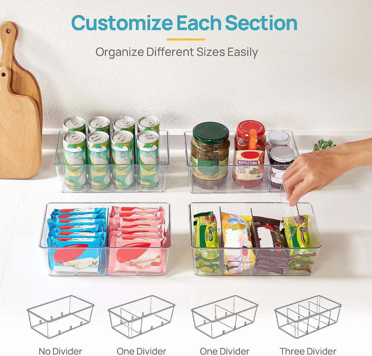 Vtopmart 4 Pack Food Storage Organizer Bins, Clear Plastic Bins for Pantry, Kitchen, Fridge, Cabinet Organization and Storage, 4 Compartment Holder Packets, Snacks, Pouches, Spice Packets