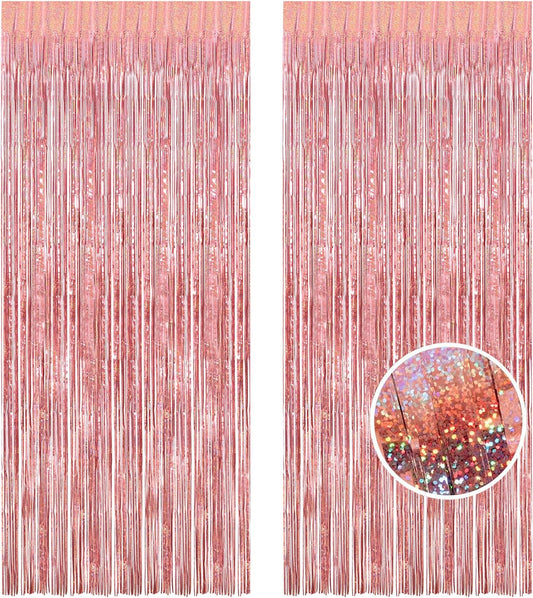 BRAVESHINE Rose-Gold Metallic Tinsel Backdrop - 2Pcs 3.2x8.2ft Metallic Tinsel Foil Fringe Curtains Photo Booth Streamers