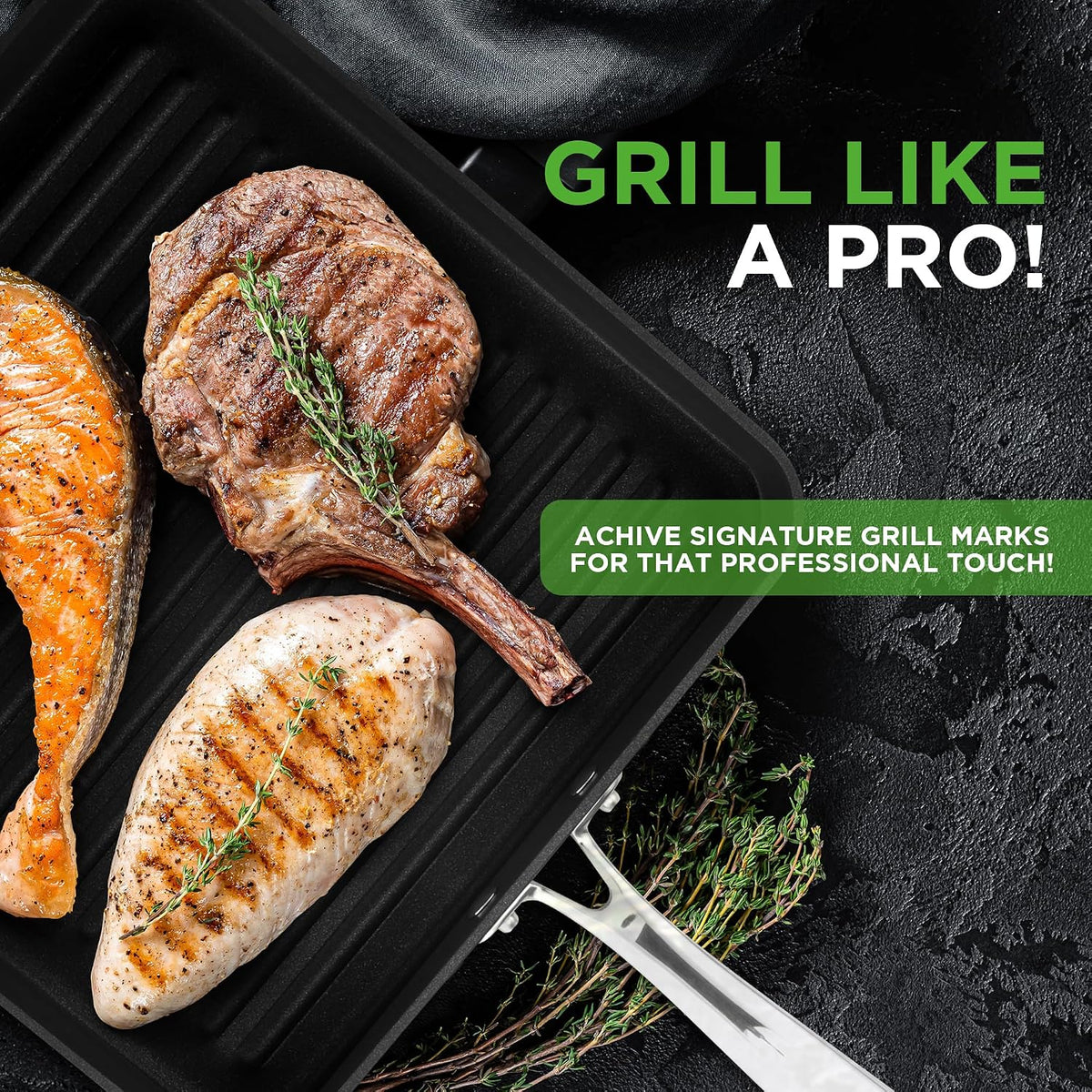 NutriChef Anodized Non-Stick Grill - Dishwasher Safe Nonstick Grill Pan Heavy Gauge Aluminum Body with Hard Anodized Surface for Even Heating, Max Temperature: 500° Fahrenheit (260° Celsius)