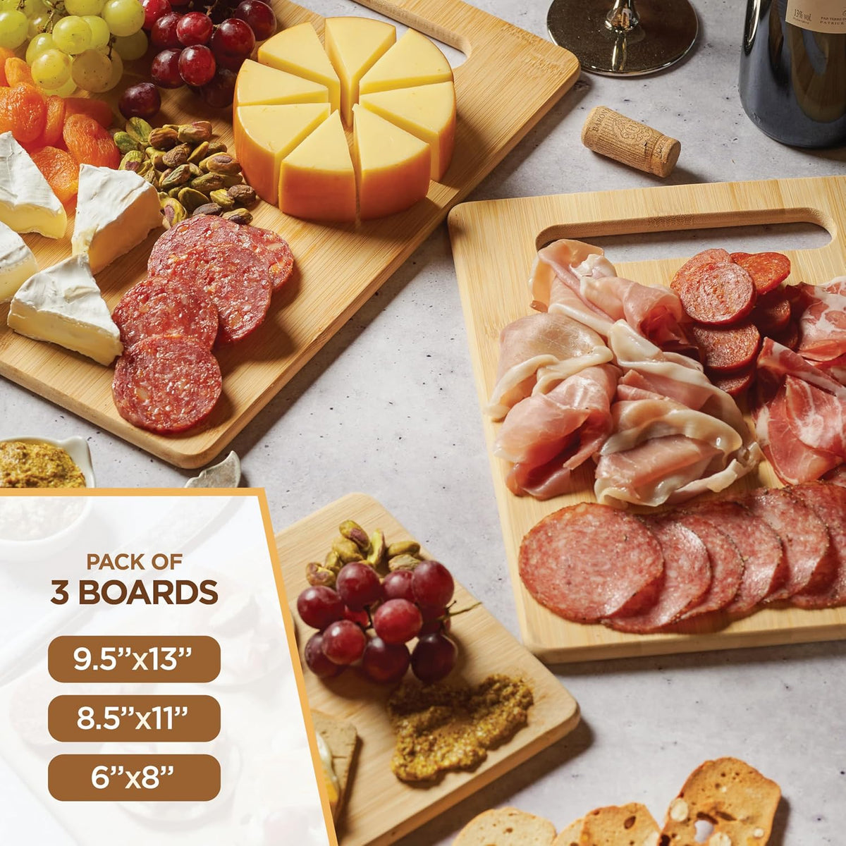 Bamboo Cutting Boards for Kitchen - Set of 3 Reversible Wood Cutting Boards with Handle