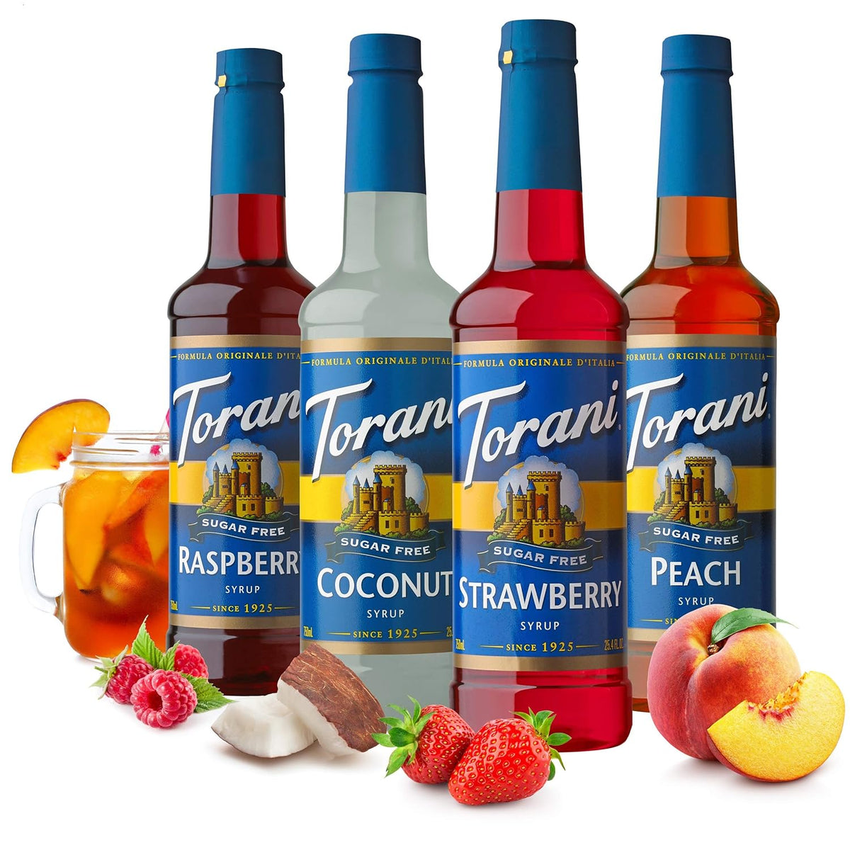 Torani Sugar Free Drink Syrup Soda Flavors Variety Pack, 25.4 fl oz, 4 Pack | Flavors Include Raspberry, Coconut, Strawberry &amp; Peach