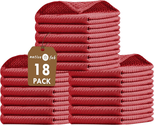 Native Fab Waffle 18 Pack Dish Cloths - 100% Cotton, 12"x12", Absorbent, Quick Drying, Washable Towels for Cleaning, Cooking
