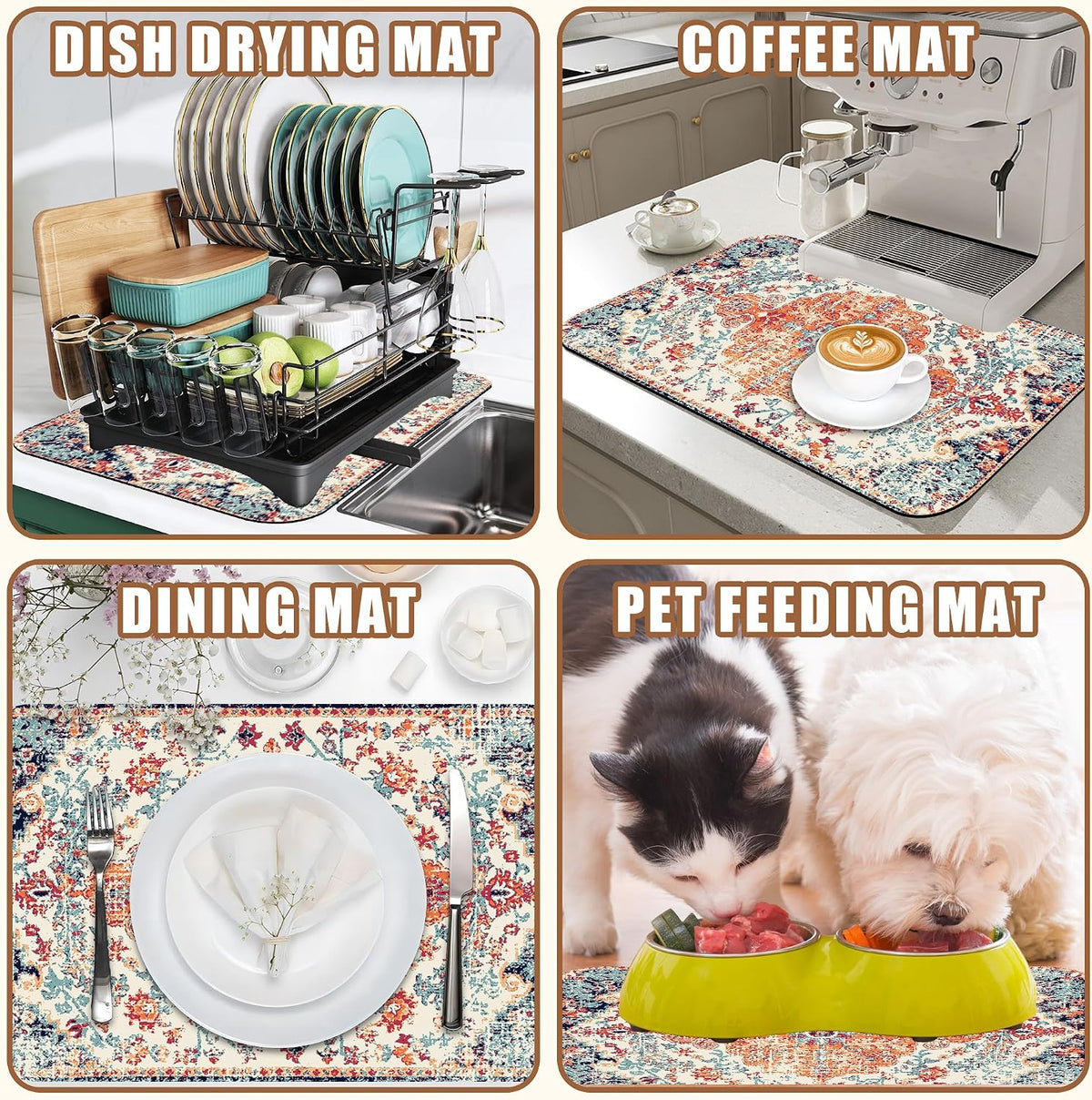 Persian Vintage Boho Carpet Coffee Mat Dish Drying Mat for Kitchen Counter Absorbent Hide Stain Rubber Backed Coffee Bar Accessories Fit Under Espresso Machine Dish Drainer 11.8 x 19.7 Inch
