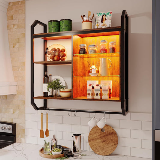 Bestier LED Kitchen Floating Shelves, 34" Industrial Pipe Shelves with Adjustable Glass Shelves, Wall Mounted Shelf with 6
