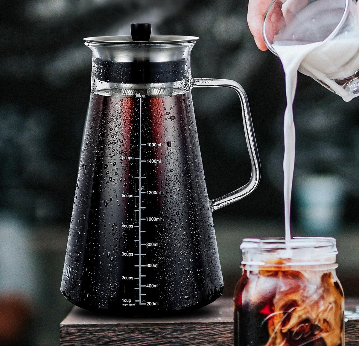 Aquach 51oz Cold Brew Maker, Borosilicate Glass Iced Coffee Tea Pitcher | Dishwasher Safe, Up to 2 Weeks Freshness, Tapered Stability, Refrigerator Fit, 304 Stainless Filter