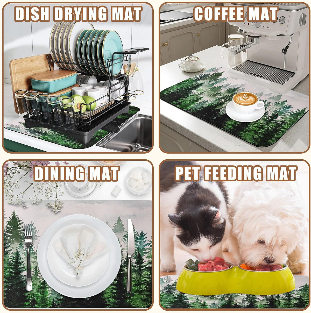 Dish Drying Mat Watercolor Foggy Forest Coffee Bar Mat for Countertop Absorbent Rubber Backed Hide Stain Dish Drainer Rack Pad Coffee Maker Espresso Machine Dining Room Decor 11.8 x 19.7 Inch