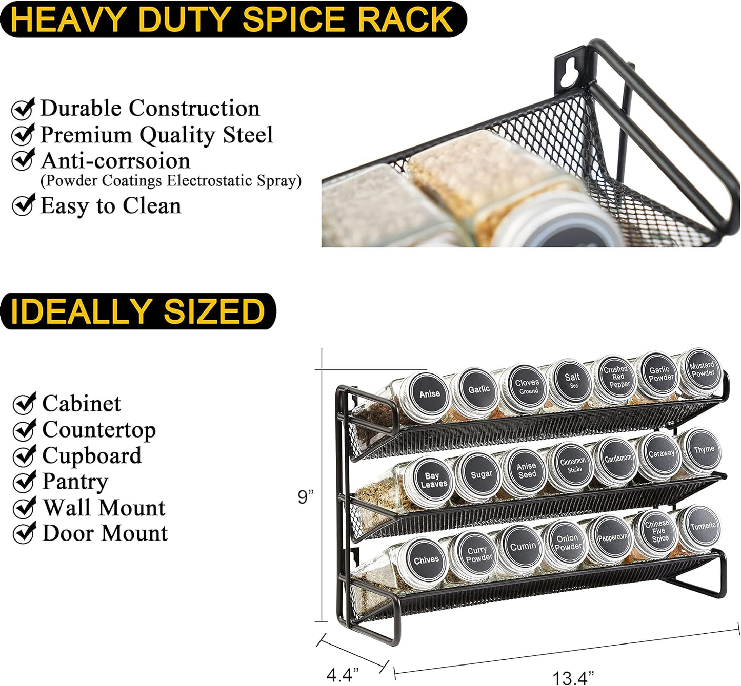 SpaceAid Spice Rack Organizer with 21 Spice Jars, 386 Spice Labels, Chalk Marker and Funnel Set for Cabinet, Countertop, Pantry, Cupboard or Door &amp; Wall Mount - 21 Jars, 13.4" W × 9" H, Black
