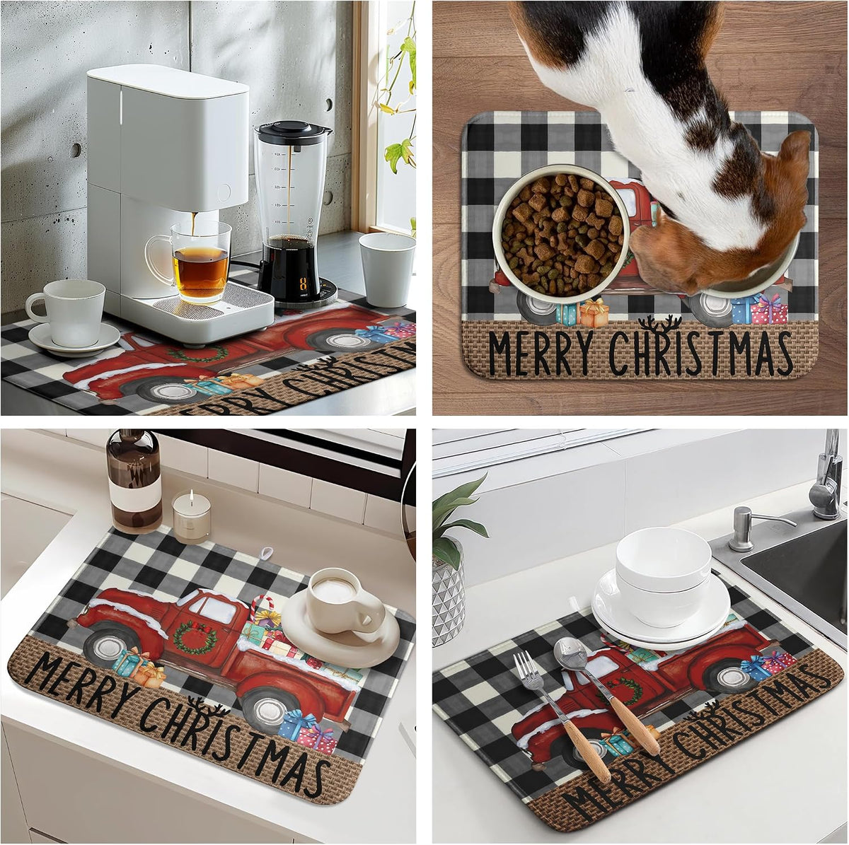 Merry Christmas Truck Dish Drying Mat Winter Large Kitchen Mats Dish Drying Pad Xmas Tree Absorbent Dish Dryer Mat for Kitchen Countertops Microfiber Drainer Pad Dish Drying Mats (18x24 in)