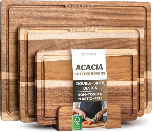 Acacia Wood Cutting Board for Kitchen, Non-Toxic Cutting Board Set of 3, Chopping Boards with Deep Juice Groove for Meat,