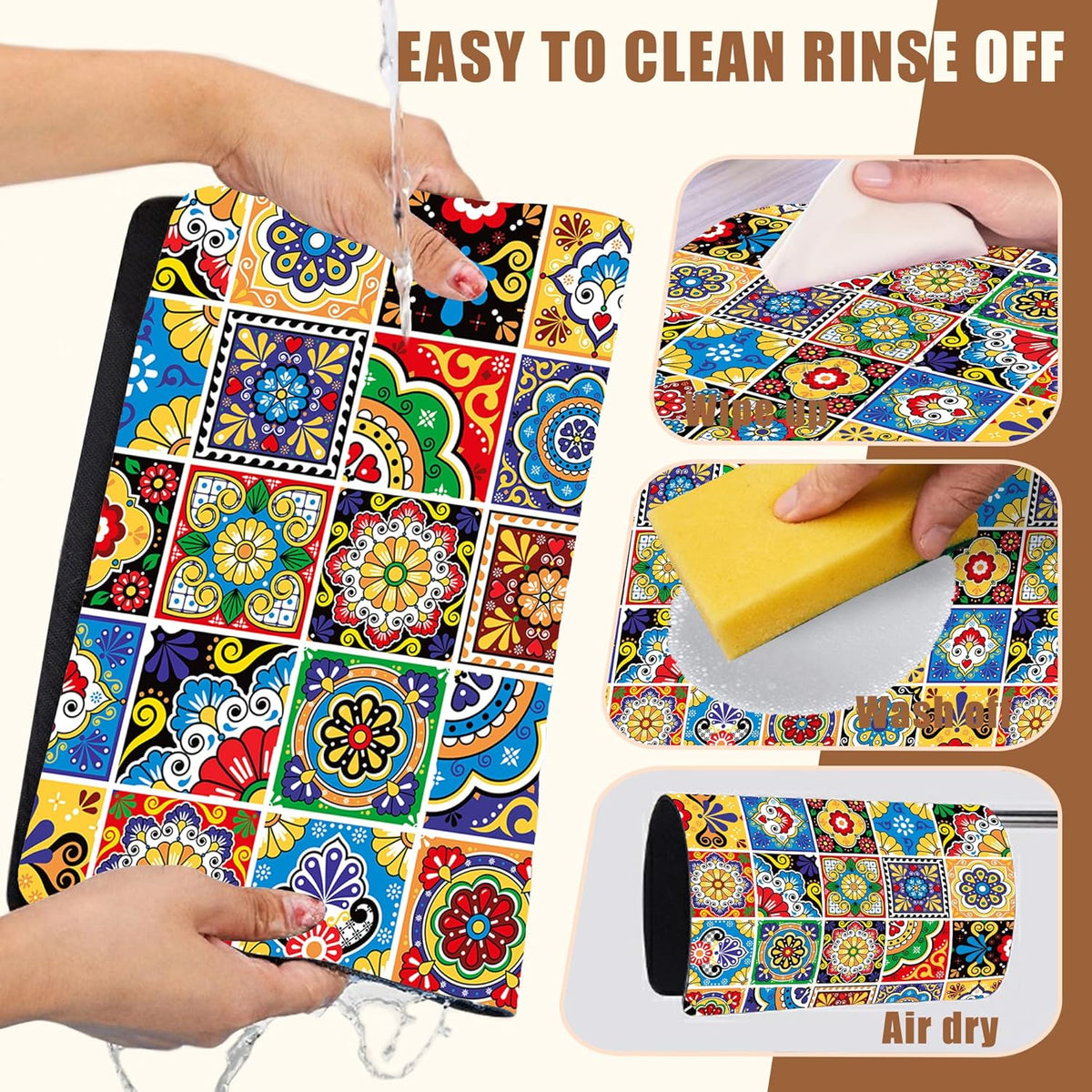 Talavera Mexican Tiles Dish Drying Mat for Kitchen Counter Bar Mat Hide Stain Absorbent Rubber Backed Coffee Mat Maker Espresso Machine Bar Accessories 11.8 x 19.7 Inch