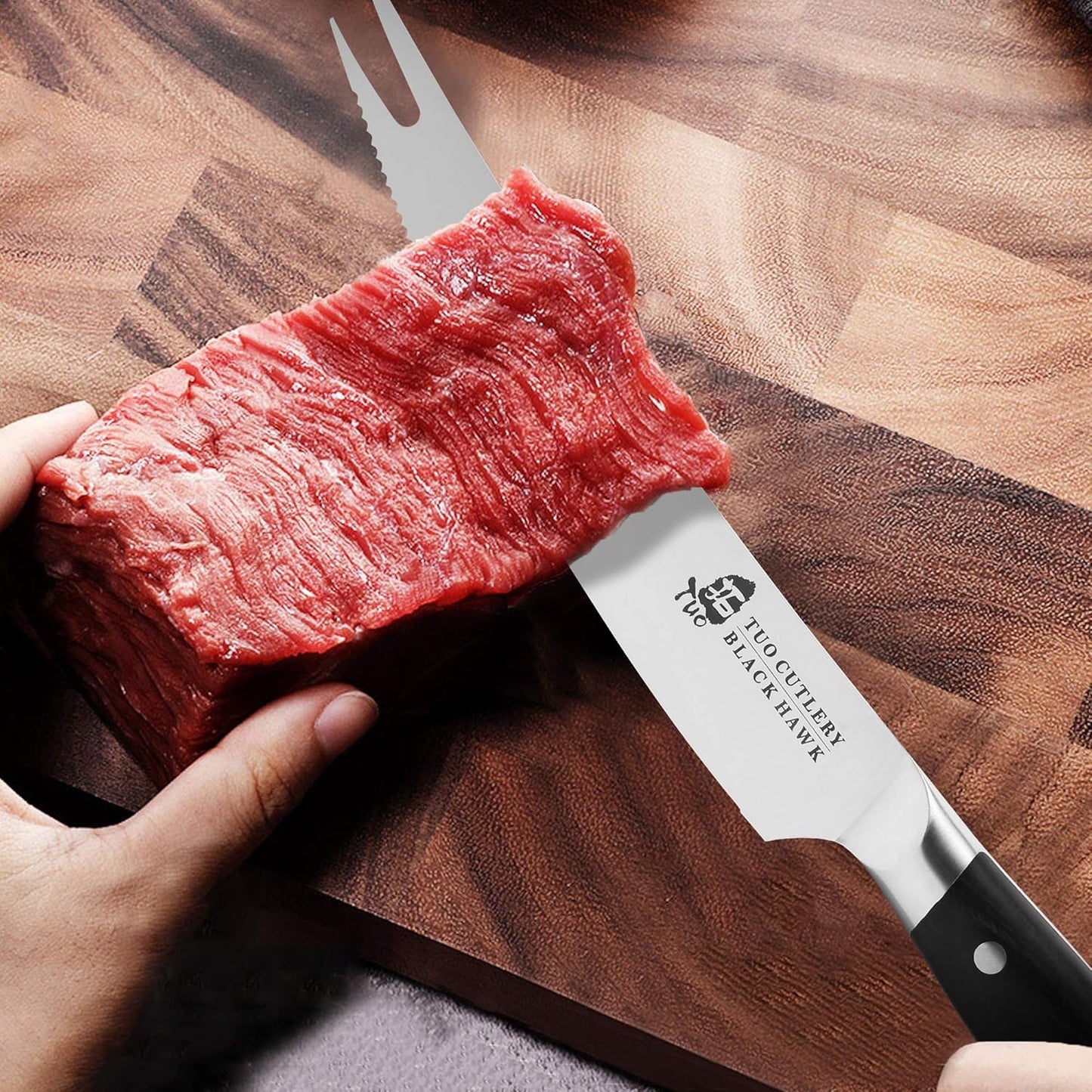 TUO Carving Knives & Forks - Barbecue knives 8'' - Meat Cutting Fork-Shaped Tip Utility bbq Knives - German X50CrMoV15 Steel Knife - Full Tang Pakkawood Handle with Gift Box - BLACK HAWK Series