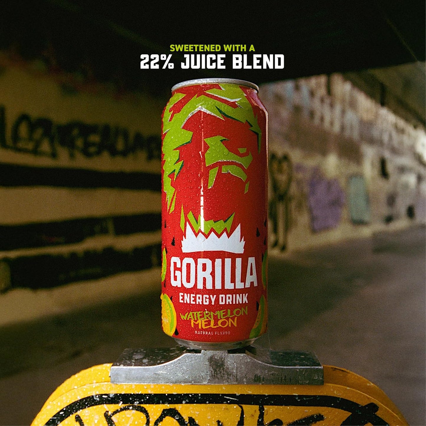 Gorilla Energy Drink, Watermelon Melon, 200mg Natural Caffeine, Real Fruit Juice Squeezed &amp; Concentrated, L-Theanine, Taurine, Ginseng, Acetyl L-Carnitine, No Added Sugar and No Artificial Colors, 12 Pack