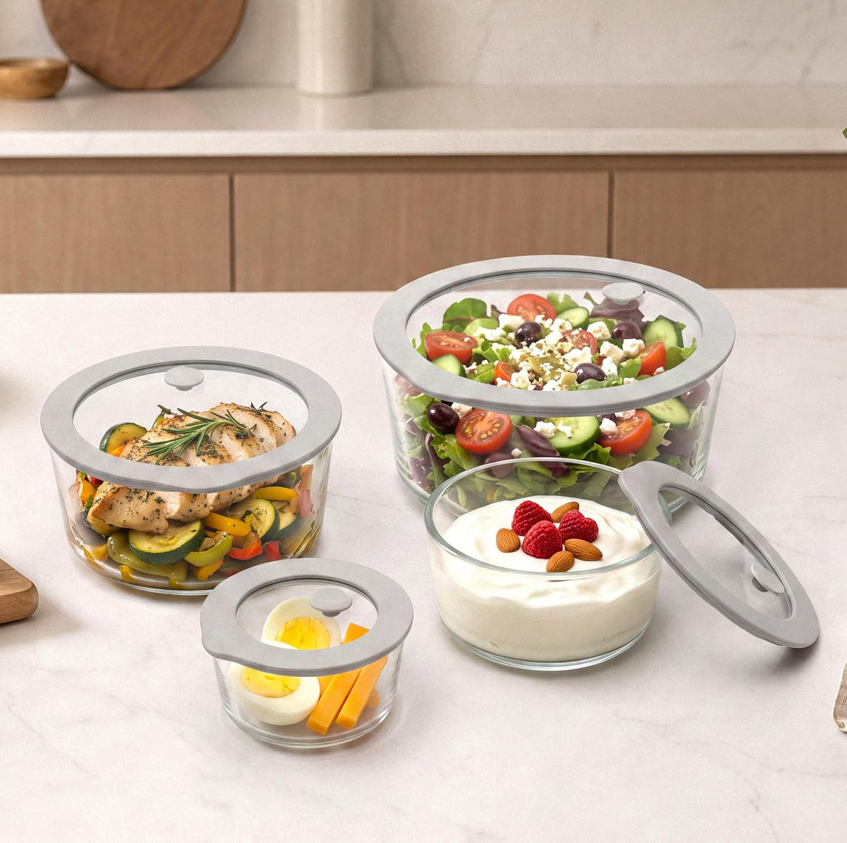 Glass Food Containers with Glass Lid, Microwave Safe Food Storage Container, Large 4 Pack Round Shape, Food Containers with Lids, Meal Prep containers with Leak Proof Lid.