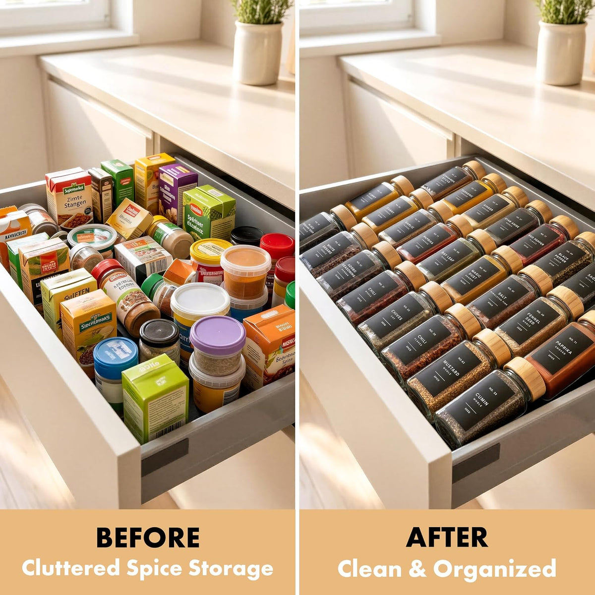 EDELHAUS Glass Spice Jars with Label, 24x Bamboo Wooden Lids - Black Labels | Airtight Lids keep spices fresh, Kitchen Spice Drawer Organizer, 4oz Seasoning Containers incl. Funnel, Brush &amp; 240 Labels