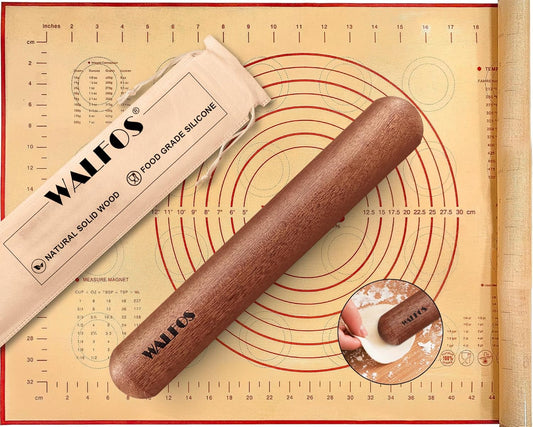 Walfos Mini Rolling Pin Set - Small Natural Wooden Rolling Pins (8inch) With Non-stick Silicone Fiber Baking Mat, Baking