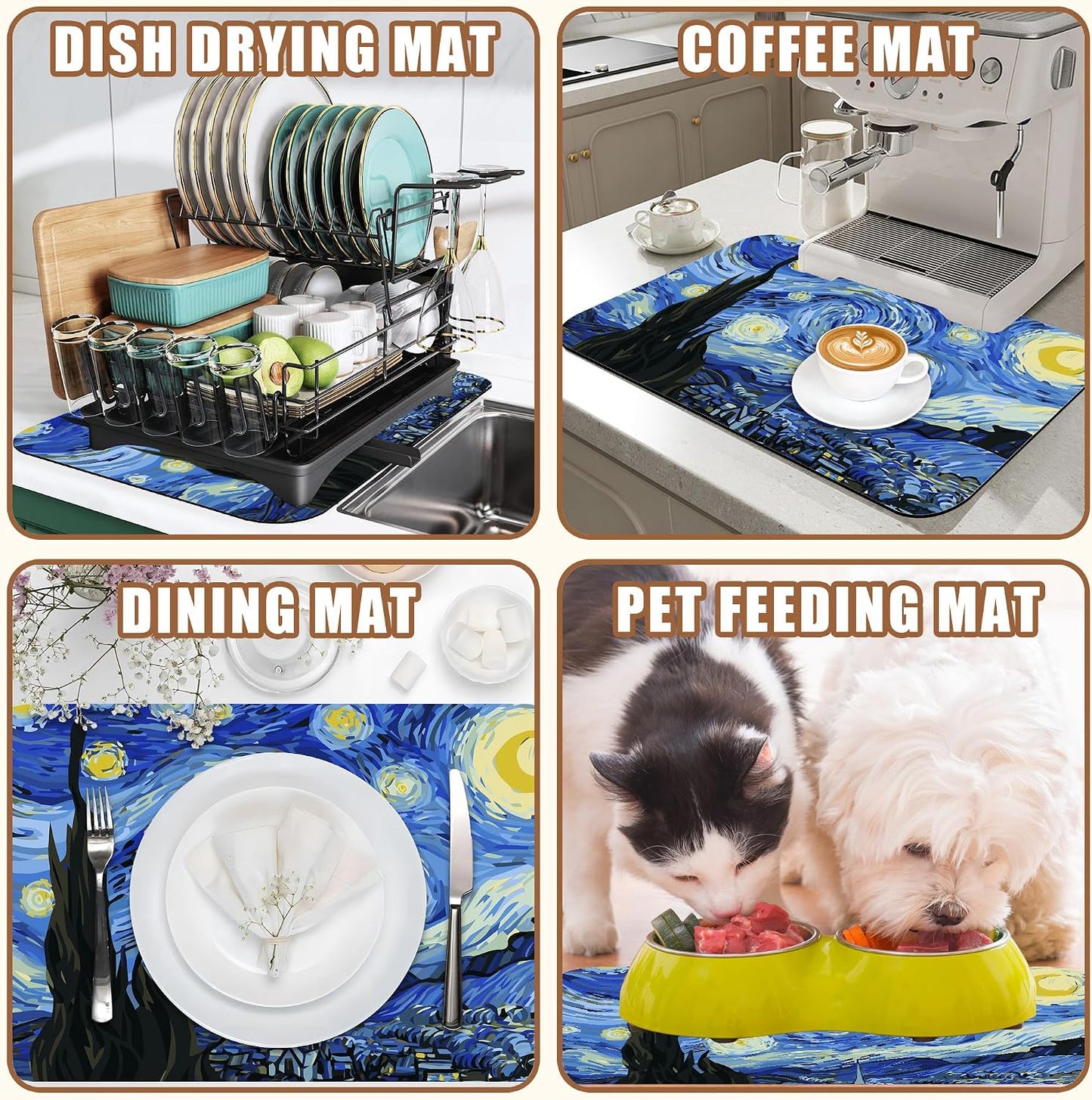 Dish Drying Mat Starry Night Art Coffee Bar Mat for Countertop Absorbent Rubber Backed Hide Stain Dish Drainer Rack Pad Espresso Machine Coffee Pot Dining Room Decoration 11.8 x 19.7 Inch