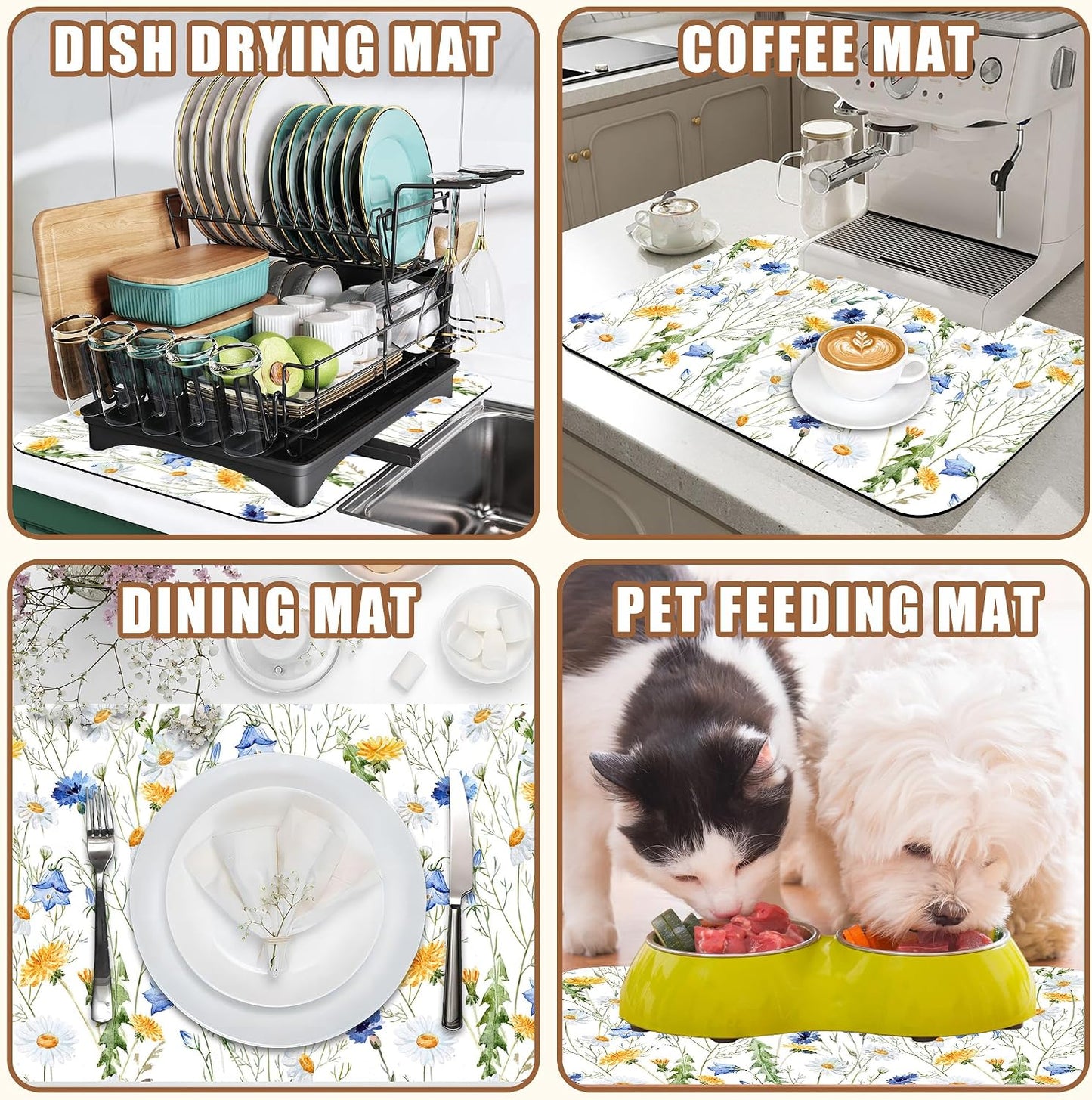 Watercolor Wildflower Dish Drying Mat for Kitchen Counter Coffee Mat Hide Stain Absorbent Rubber Backed Drying Rack Pad Espresso Machine Coffee Bar Accessories 15.7 x 23.6 Inch