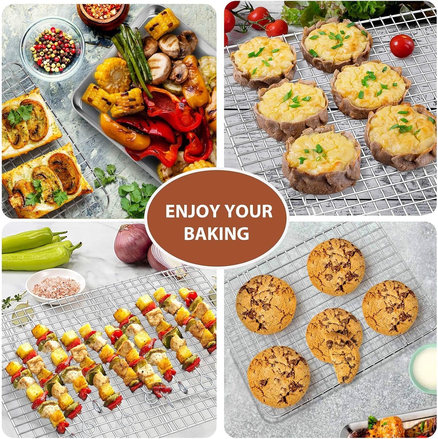 P&amp;P CHEF 16 + 10.4 Inch Baking Sheet Pan and Cooking Rack - 4 Pieces | 2x Cookie Sheet + 2x Grid Rack, Stainless Steel Oven Tray with Wire Rack for Oven Baking, Healthy &amp; Sturdy &amp; Easy to Clean