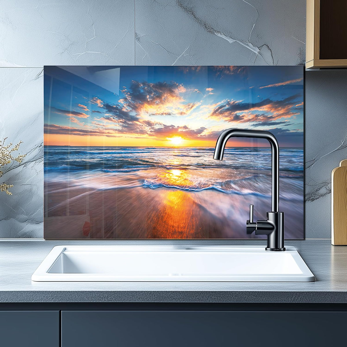 DAIFURONGE Tempered Glass Backsplash for Kitchen,Sea Beach Design,30"x20" | Behind Stove Back Splash Panel Protector, Easy to Clean, Kitchen Wall Decorative