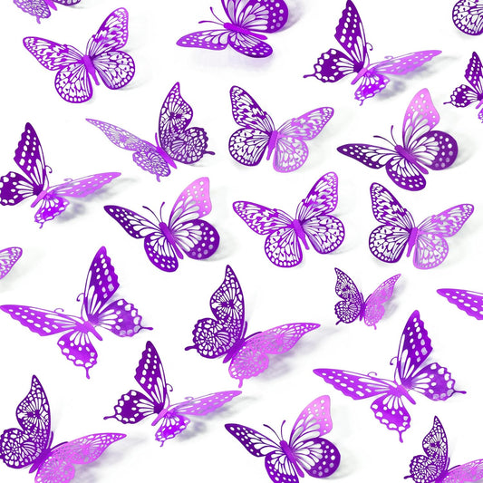 SAOROPEB 3D Butterfly Wall Decor - 48 Pcs, 4 Styles, 3 Sizes - Purple Butterfly Decorations for Birthday Parties, Removable