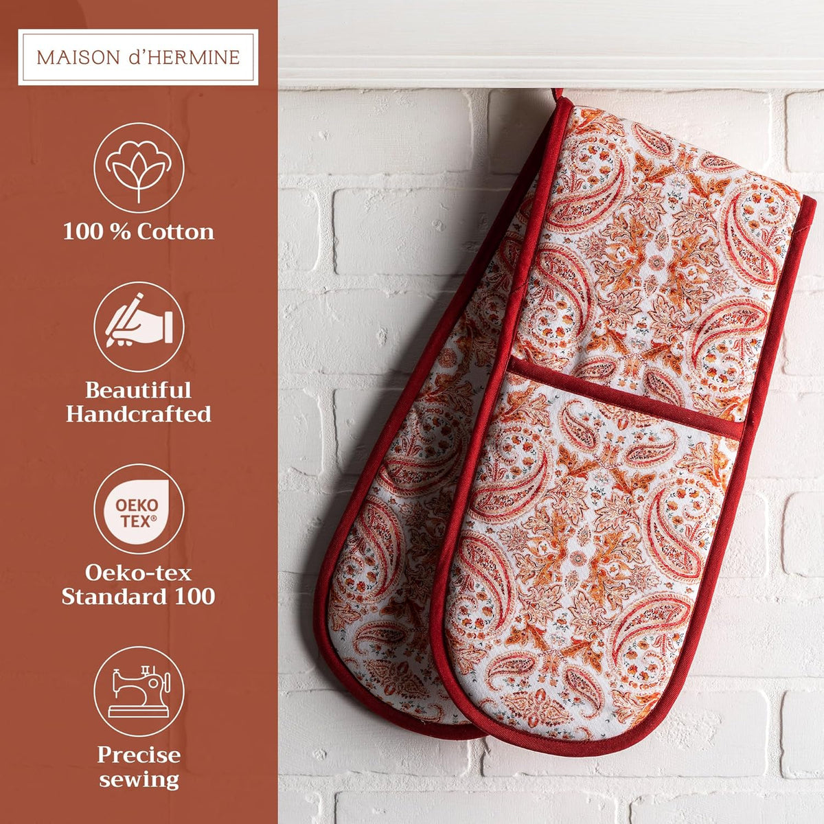Maison d' Hermine Double Oven Mitts 100% Cotton 7"x35" Double Oven Mitt Heat Resistant BBQ Cooking Gloves with Loop, Baking, Grilling, Home, Kitchen, Handling Hot Pans (Orient)