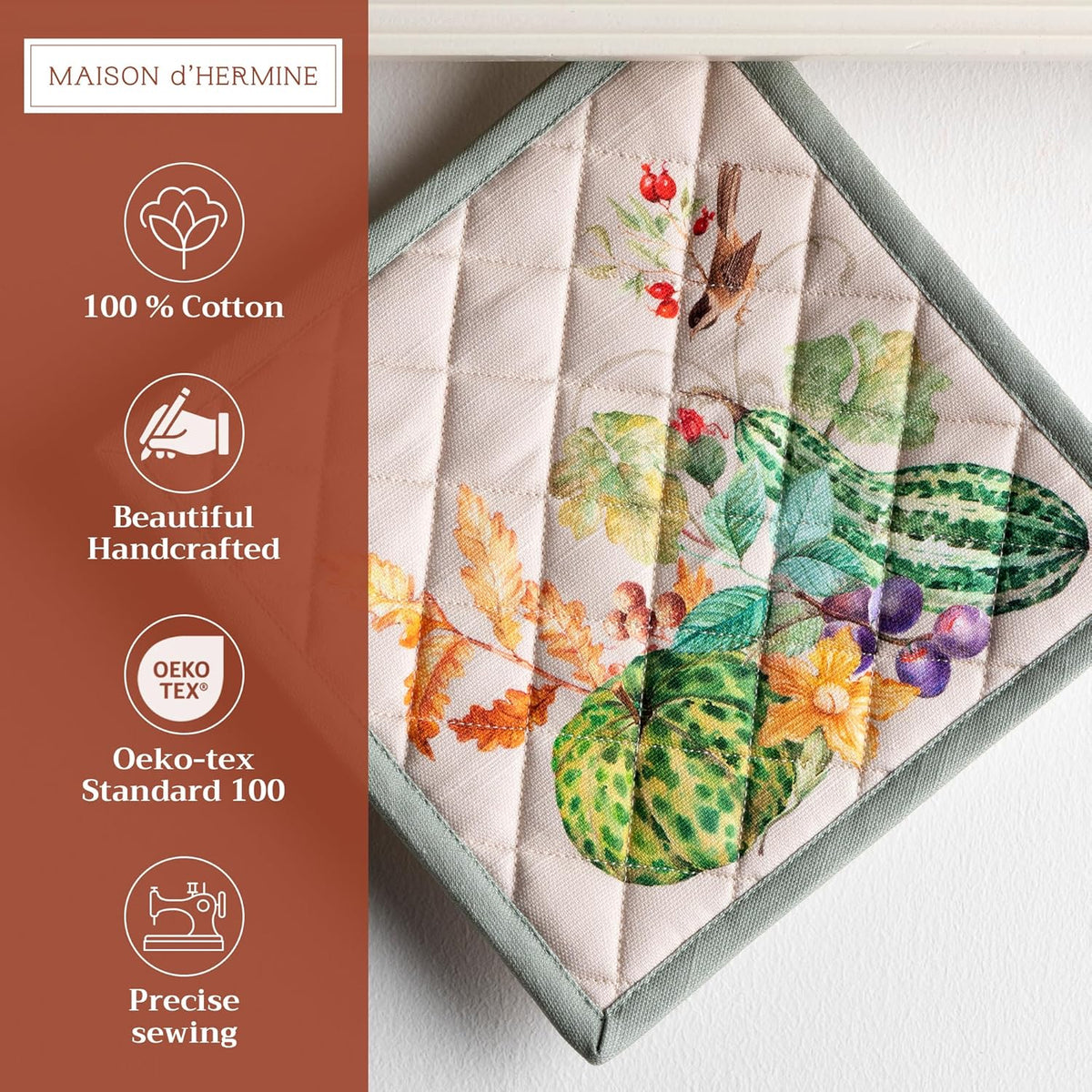 Maison d' Hermine Pot Holders 100% Cotton Heat Resistant Potholders 8" x 8" Hot Pads with Loop BBQ, Cooking, Baking, Grilling, Kitchen, Handling Hot Pans (Pack of 1, Lumina)