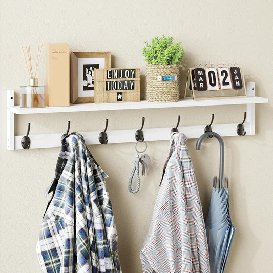 BAMEOS 35" L Wall Hooks with Shelf, Entryway Coat Hooks for Wall with Shelf, Wood Wall Hanging Shelf, Wall-Mounted Coat Rack