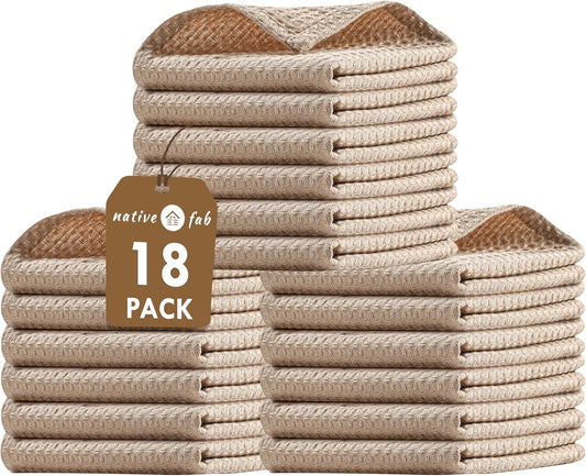 Native Fab 18 Pack Waffle Dish Cloths - 100% Cotton, 12" x 12", Absorbent, Quick Drying, Washable Towels for Cleaning,
