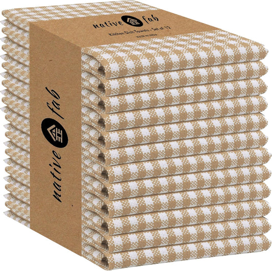 Native Fab Gingham Check Kitchen Dish Towels 16"x26" Set of 12-100% Cotton Mini Plaid Washcloths - Absorbent Dish Cloths