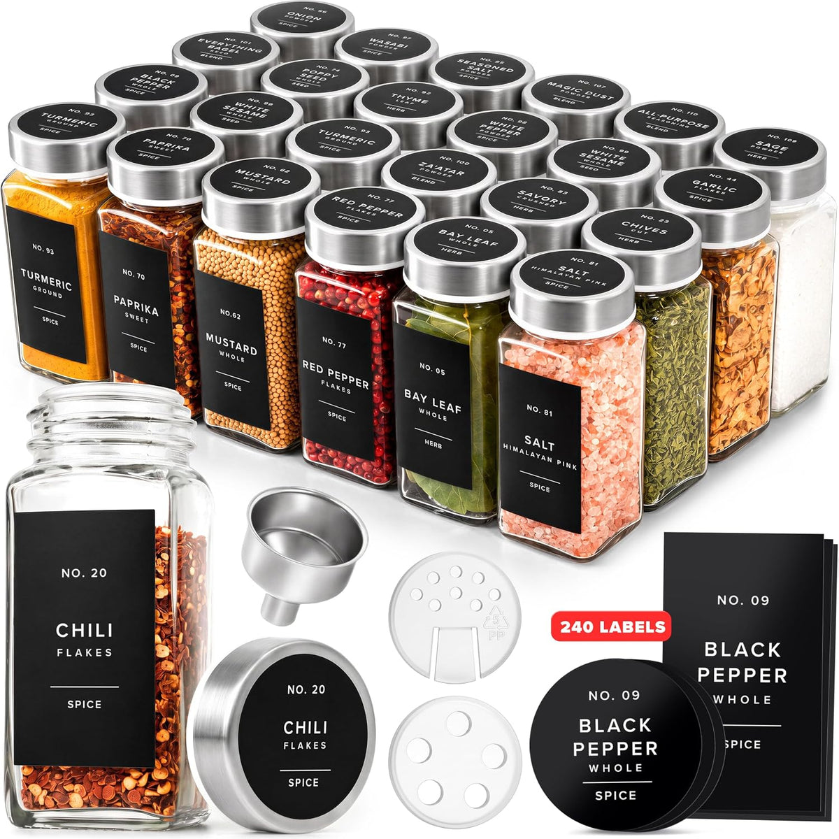 Glass Spice Jars with Labels and Steel Lids (24 x 4oz) Spice Containers with 240 Label, Steel Funnel, Shaker Inserts, Empty Square Seasoning Organizer for Spice Rack, Cabinet, Drawer