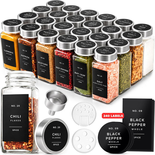 Glass Spice Jars with Labels and Steel Lids (24 x 4oz) Spice Containers with 240 Label, Steel Funnel, Shaker Inserts, Empty Square Seasoning Organizer for Spice Rack, Cabinet, Drawer