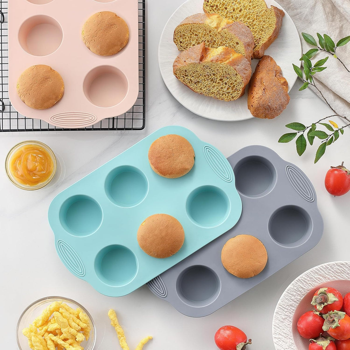 XZZWLL 3 Pack Silicone Muffin Pan, 6 Cup Nonstick Cupcake Molds for Baking