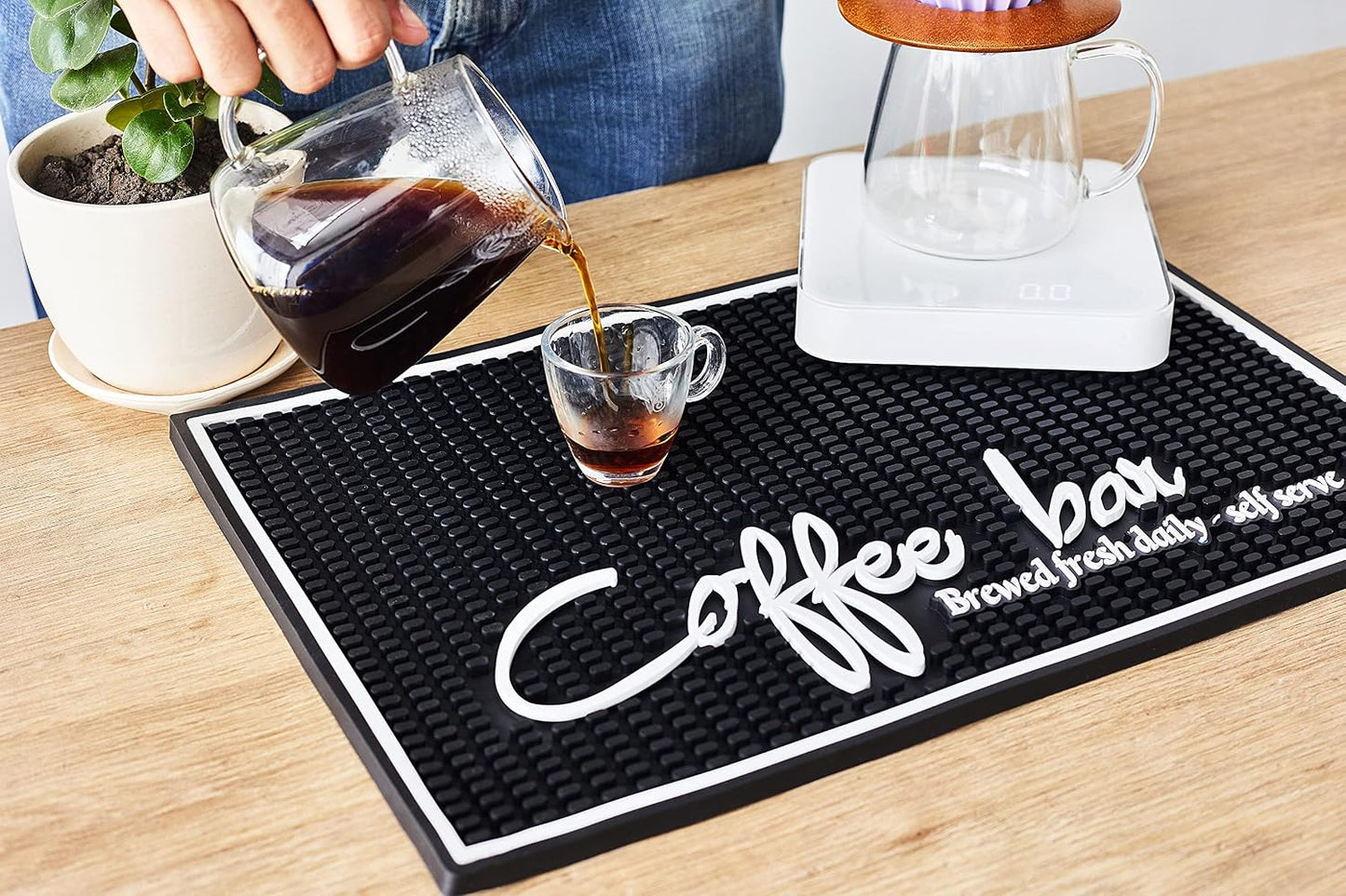 Brewed Fresh Daily Silicone Coffee Bar Mat 18x12 in, Self Serve Coffee Station Sign Mat, Hostess Gift, Farmhouse Kitchen Decor, Non-Slip Espresso Machine Mat, Barista Accessories