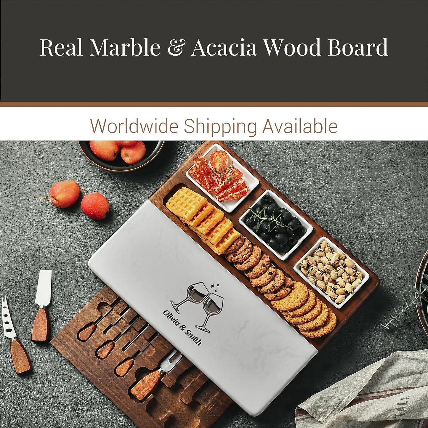 Shanik Wood Marble Cheese Board Set – Acacia &amp; Marble Charcuterie Board with 3 Removable Ceramic Bowls &amp; Stainless Steel Cutlery, Personalized Engraving, Wedding &amp; Housewarming Gift