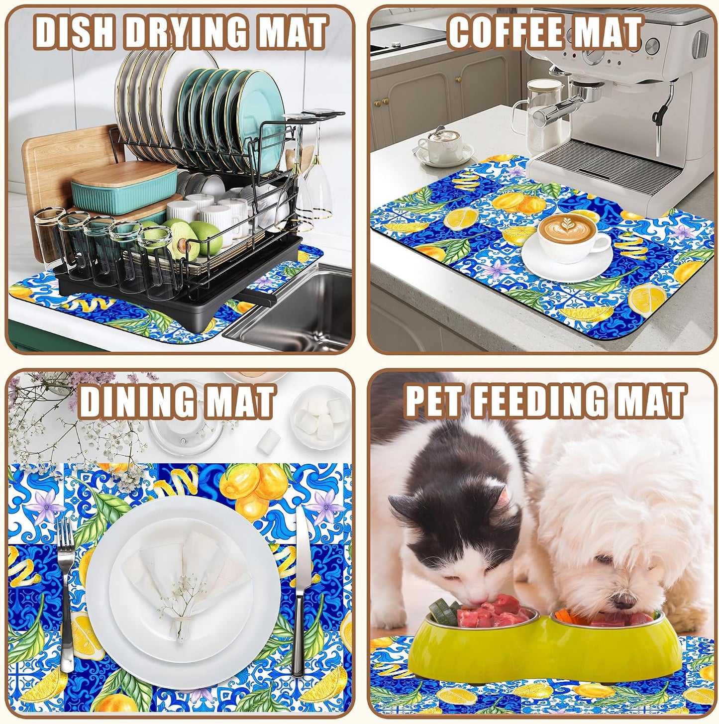 Lemon and Blue Tile Dish Drying Mat for Kitchen Counter Coffee Bar Mat Hide Stain Absorbent Rubber Backed Drying Rack Pad Espresso Machine Coffee Bar Accessories 11.8 x 19.7 Inch