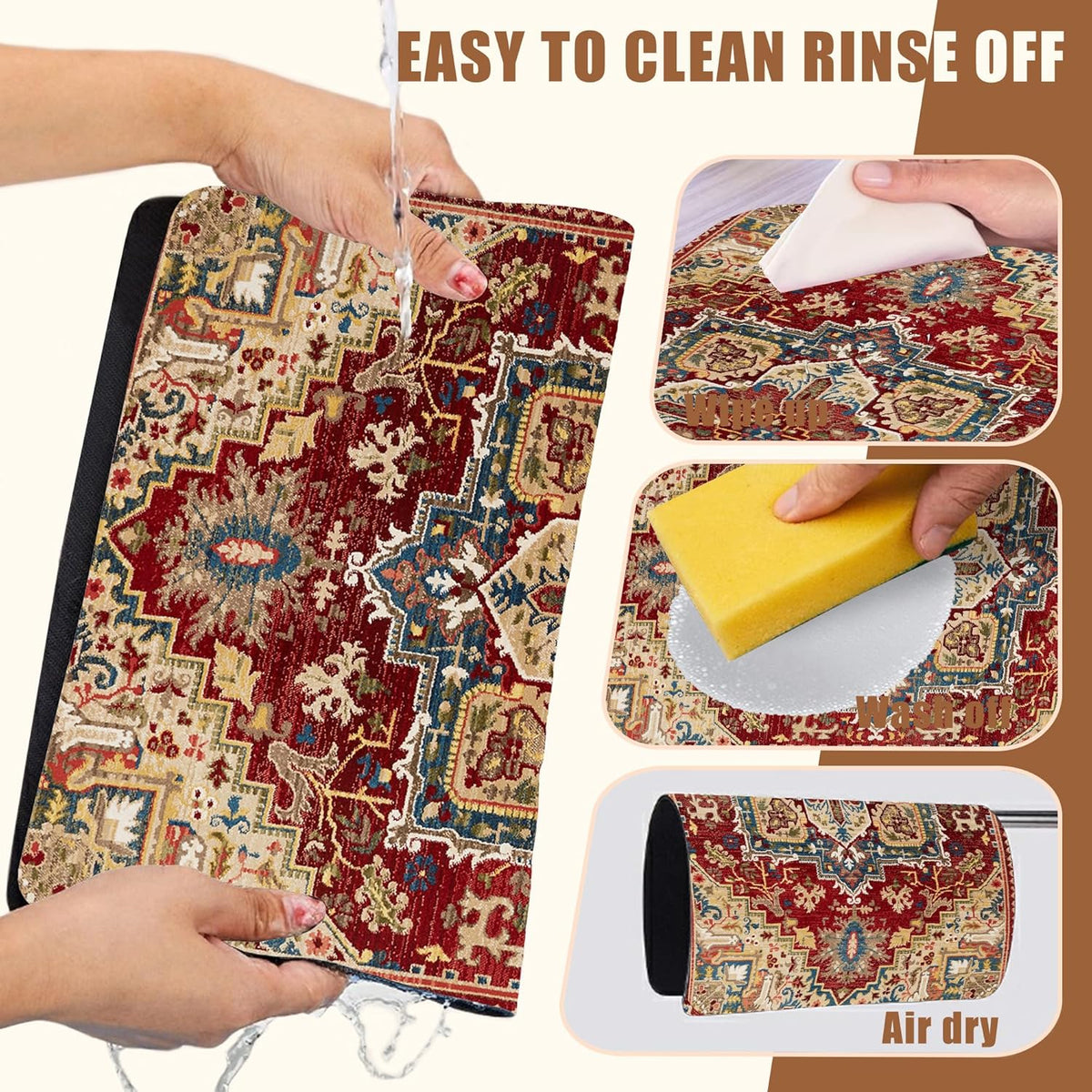 Boho Dish Drying Mat Persian Tribal Coffee Bar Mat for Countertop Absorbent Rubber Backed Hide Stain Dish Drainer Rack Pad Espresso Machine Coffee Pot Dining Room Decoration 15.7 x 23.6 Inch