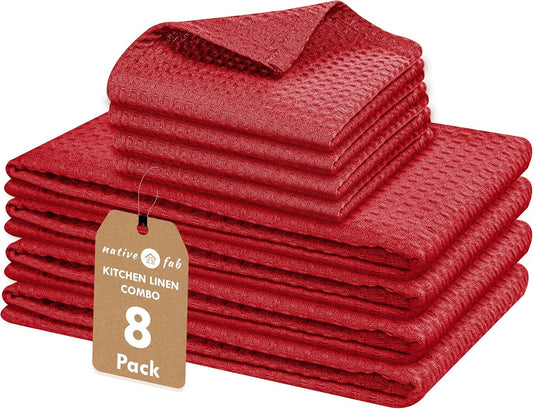 Native Fab 8 Piece Kitchen Towel & Dish Cloth Set - 100% Cotton, Soft, Absorbent, Quick Drying & Durable Cloths for