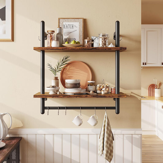 Bestier 24" Floating Kitchen Shelves Wall Mounted 2 Tier Coffee bar Shelves with 8 Hooks, Industrial Wall Shelf for Kitchen,
